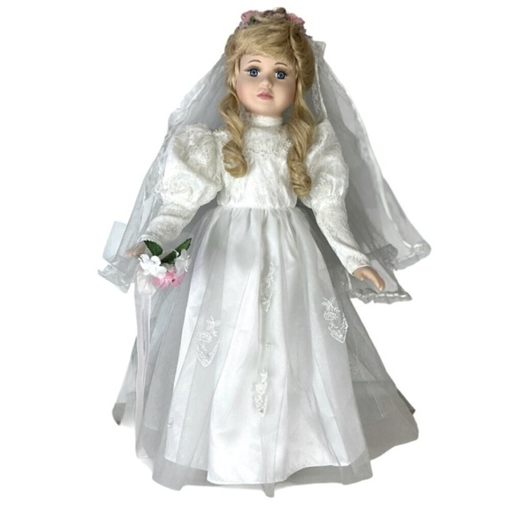 Vintage Porcelain Bride Doll Victorian Wedding Gown Blond Hair Bridal Doll 23 in